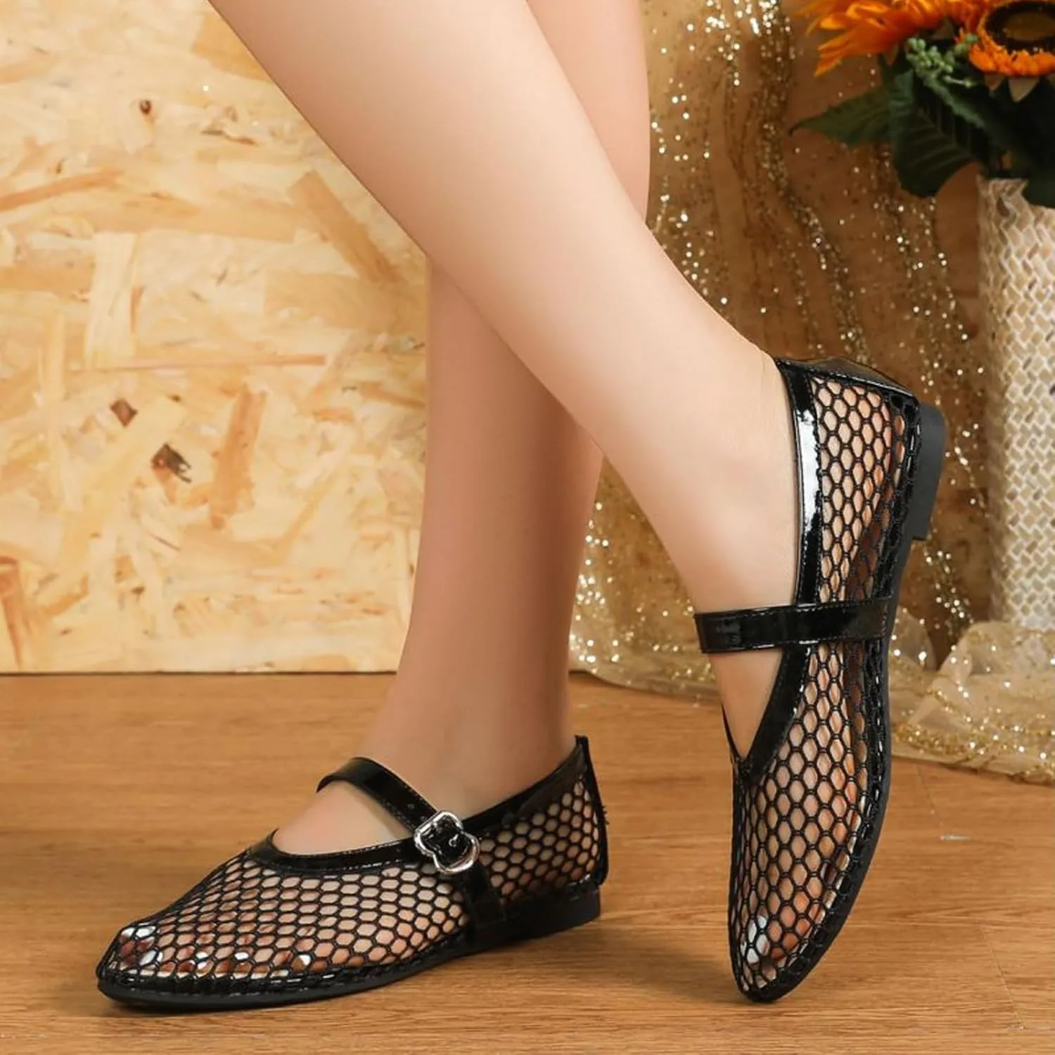 Mesh Ballet Flats for Women Buckle Strap Round Toe Mesh Fishnet Flats Comfy Casual Office Ballerina Daily Dress Shoes