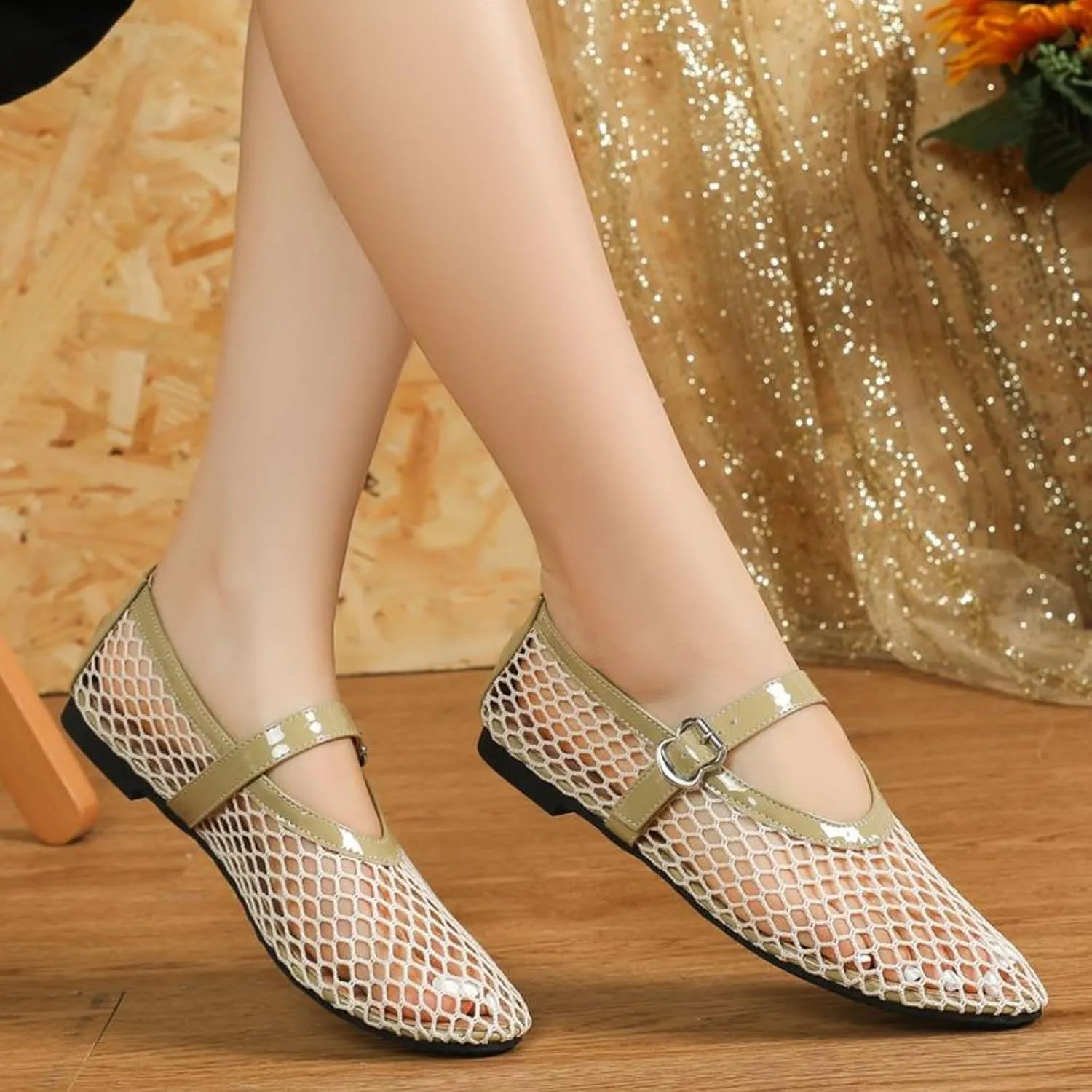 Mesh Ballet Flats for Women Buckle Strap Round Toe Mesh Fishnet Flats Comfy Casual Office Ballerina Daily Dress Shoes