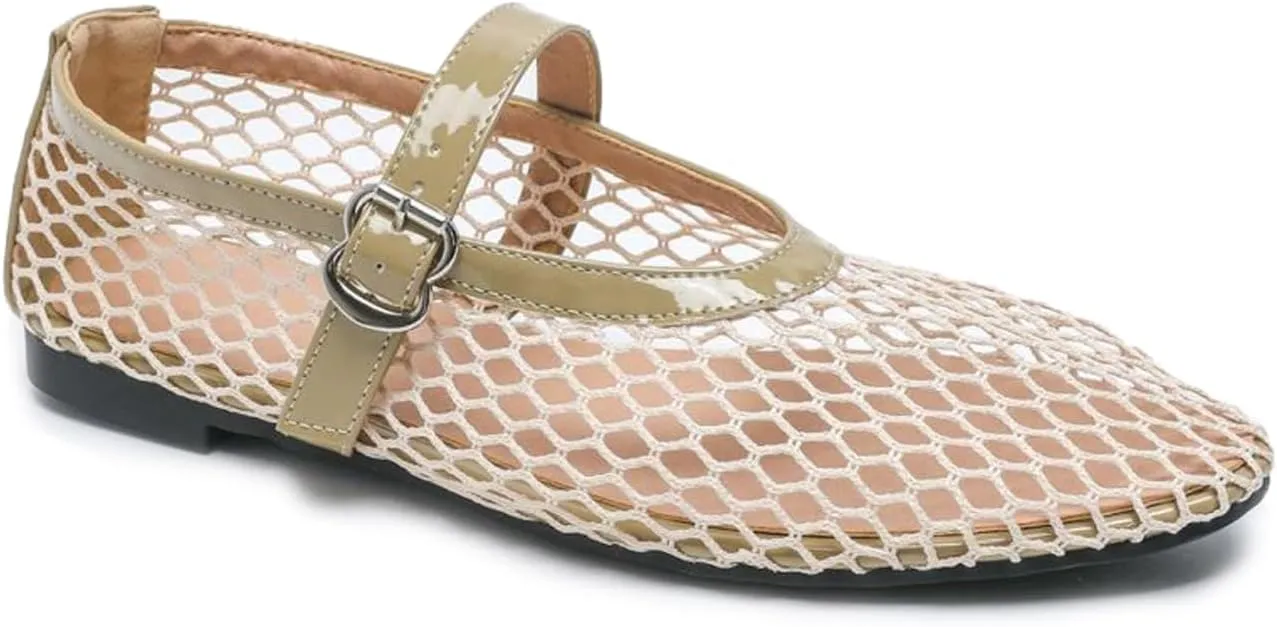 Mesh Ballet Flats for Women Buckle Strap Round Toe Mesh Fishnet Flats Comfy Casual Office Ballerina Daily Dress Shoes