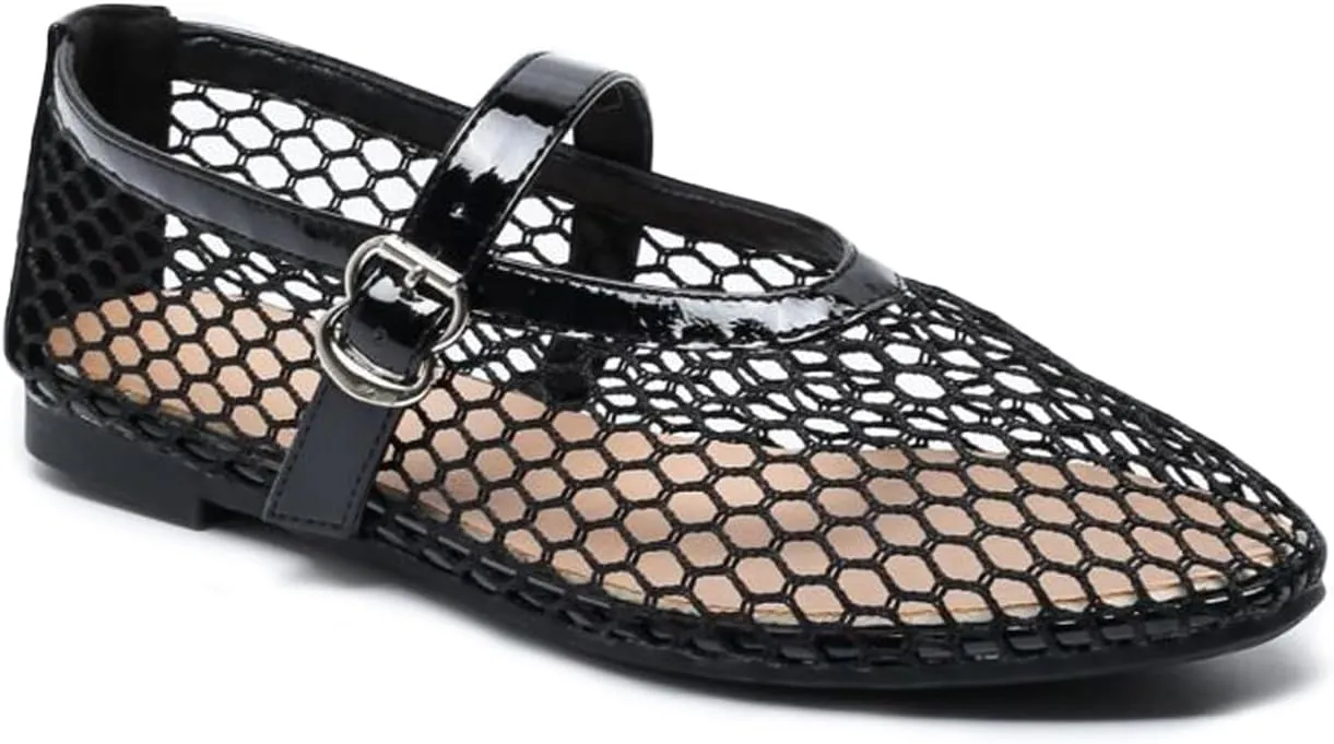 Mesh Ballet Flats for Women Buckle Strap Round Toe Mesh Fishnet Flats Comfy Casual Office Ballerina Daily Dress Shoes