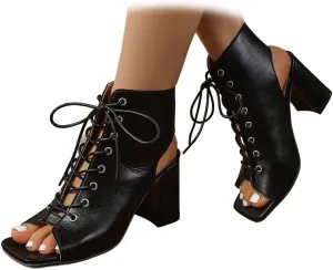 Mesh Chunky High Heel Sandals Booties for Women, Lace Up Block Heels Booties Peep Toe Ankle Boots, Sexy Breathable Fishnet Combat Short Boots Shoes