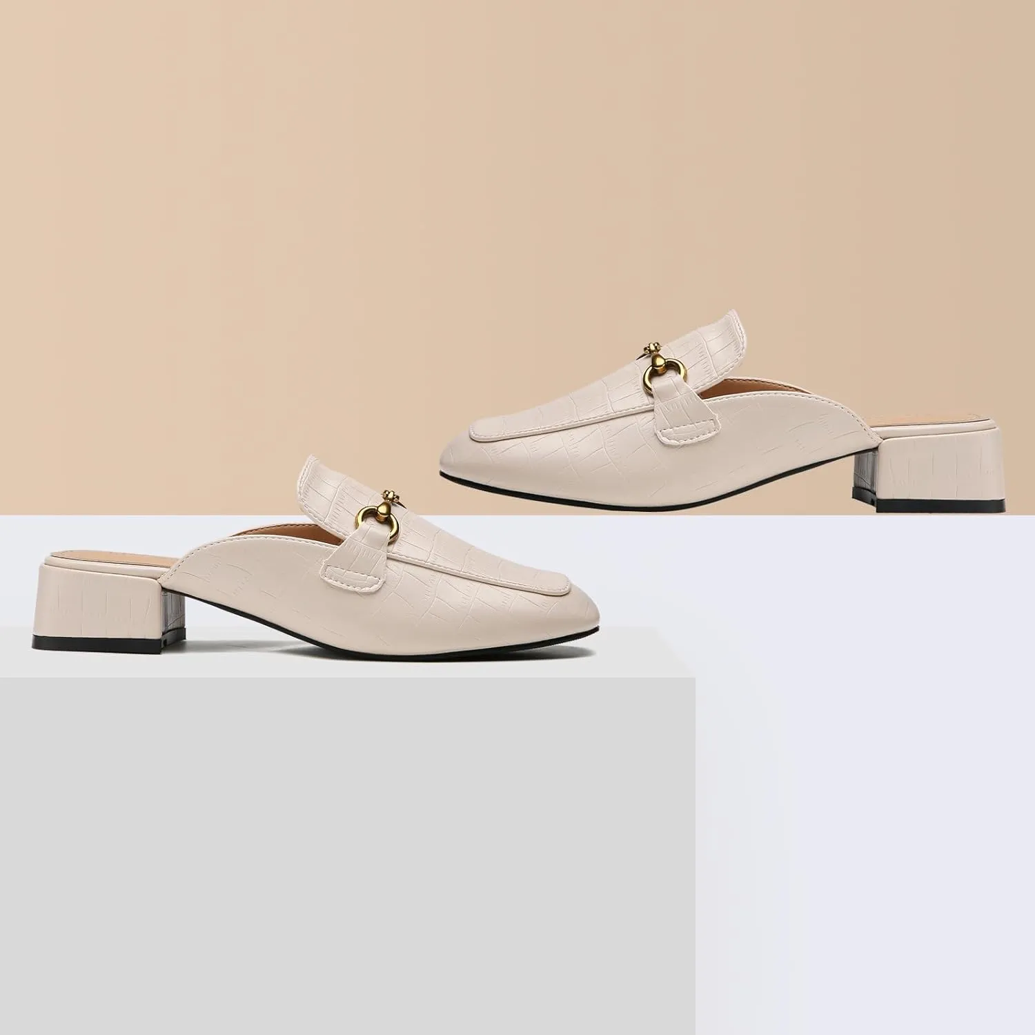 Metal Buckle Mules Women Square Toe Chunky Heels for Women Heeled Sandals Slip on Shoes Women Loafers