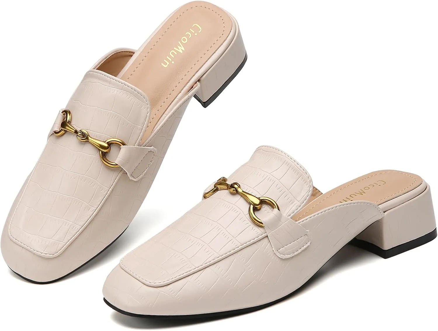 Metal Buckle Mules Women Square Toe Chunky Heels for Women Heeled Sandals Slip on Shoes Women Loafers