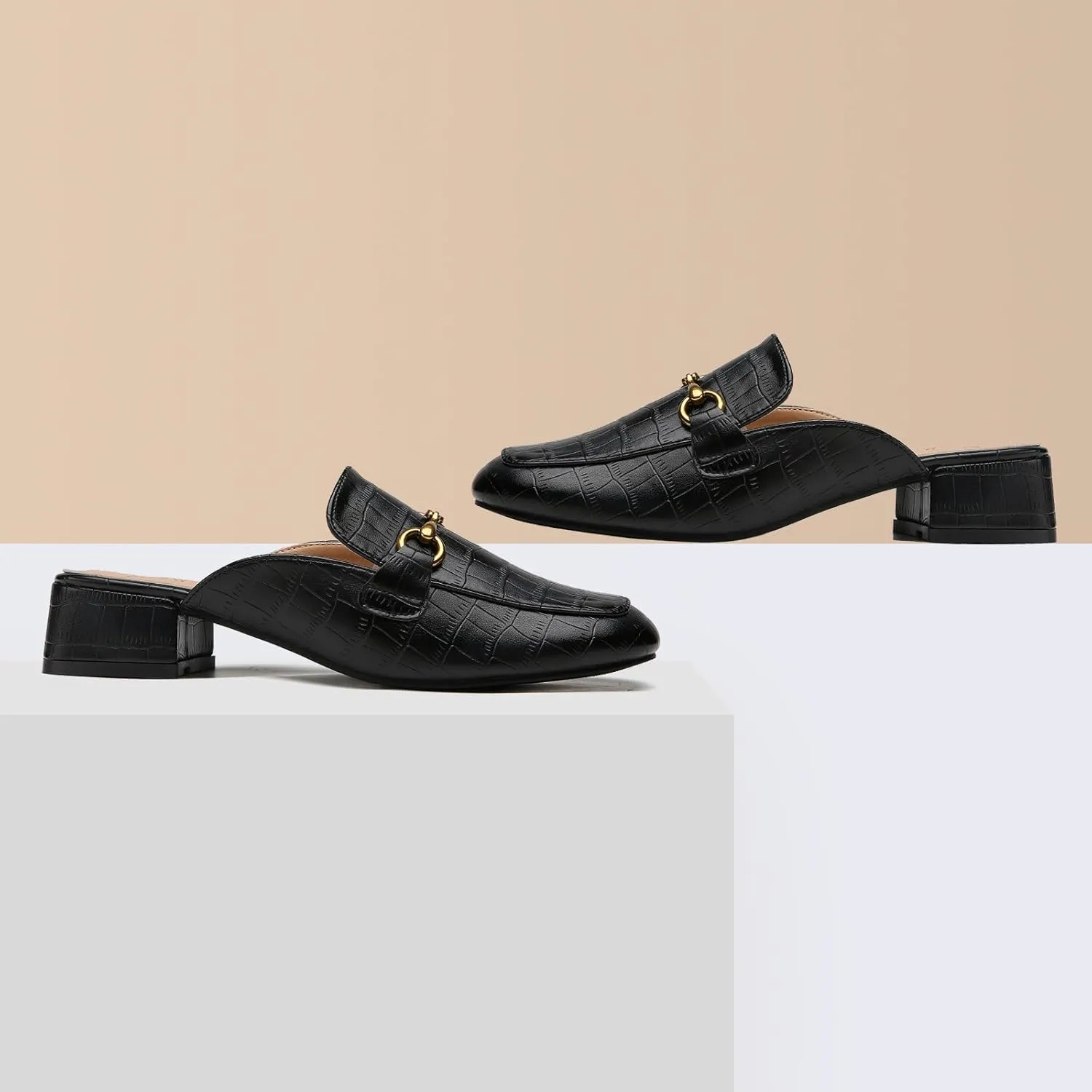 Metal Buckle Mules Women Square Toe Chunky Heels for Women Heeled Sandals Slip on Shoes Women Loafers
