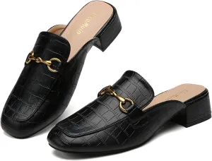 Metal Buckle Mules Women Square Toe Chunky Heels for Women Heeled Sandals Slip on Shoes Women Loafers