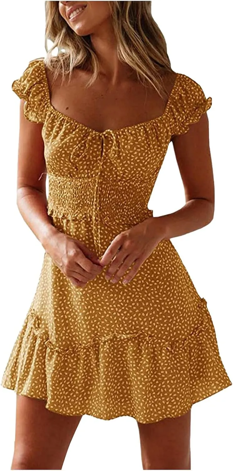 Milk Maid Dress for Women 2025 Casual Sexy Heart Neckline Ruffled Sleeve Floral Print Summer Dress with Elastic Waist