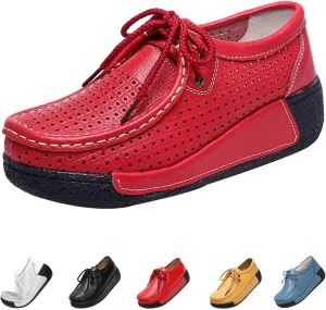 MOYOWEI Women's Leather Platform Wedge Sneakers,Comfort Moc Toe Non-Slip Softsole Lace-up Casual Walking Loafers Boat Shoes