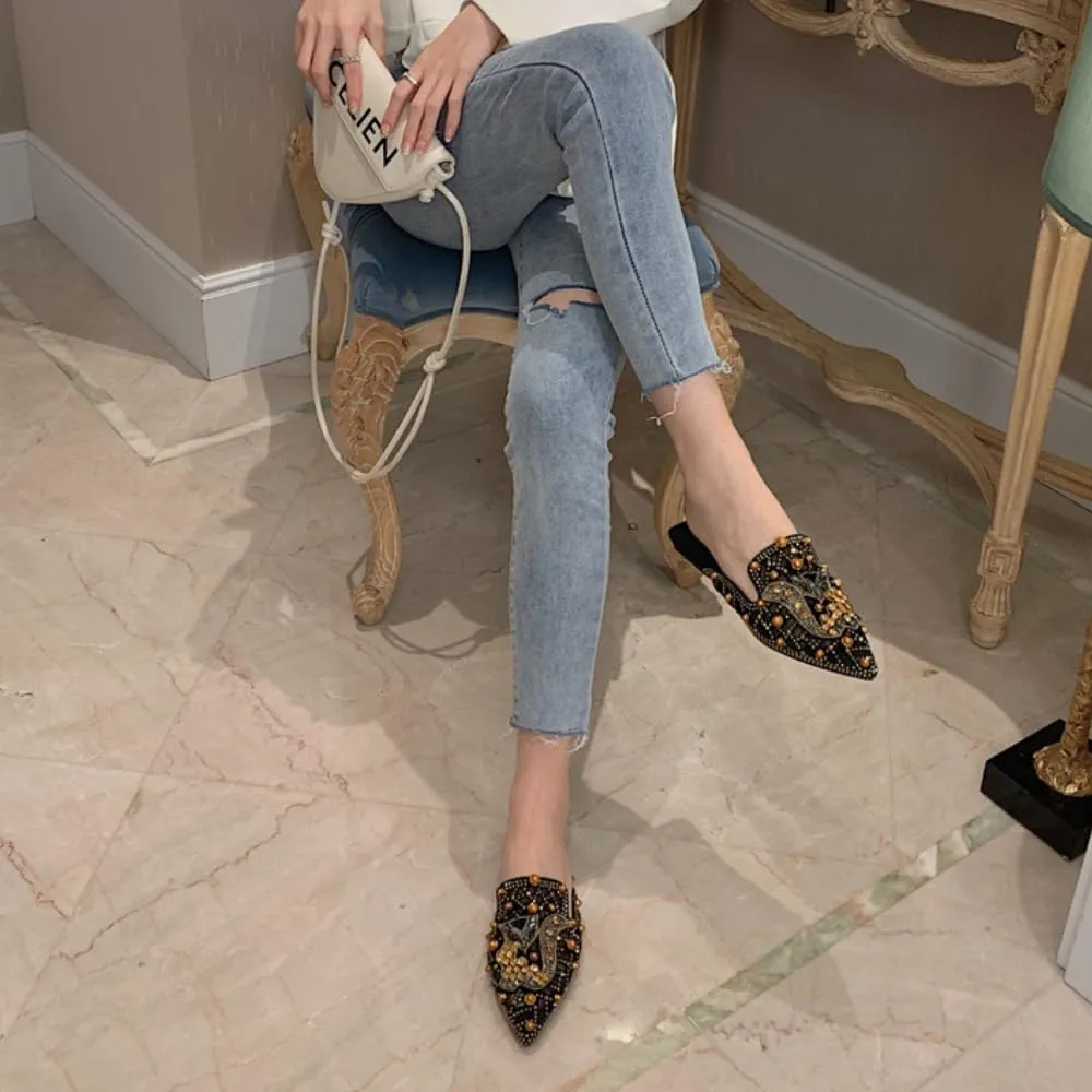 Mules for Woman Pointed Toe Fox Crystal Mules Backless Flat Slip On Comfort Business Casual Shoes