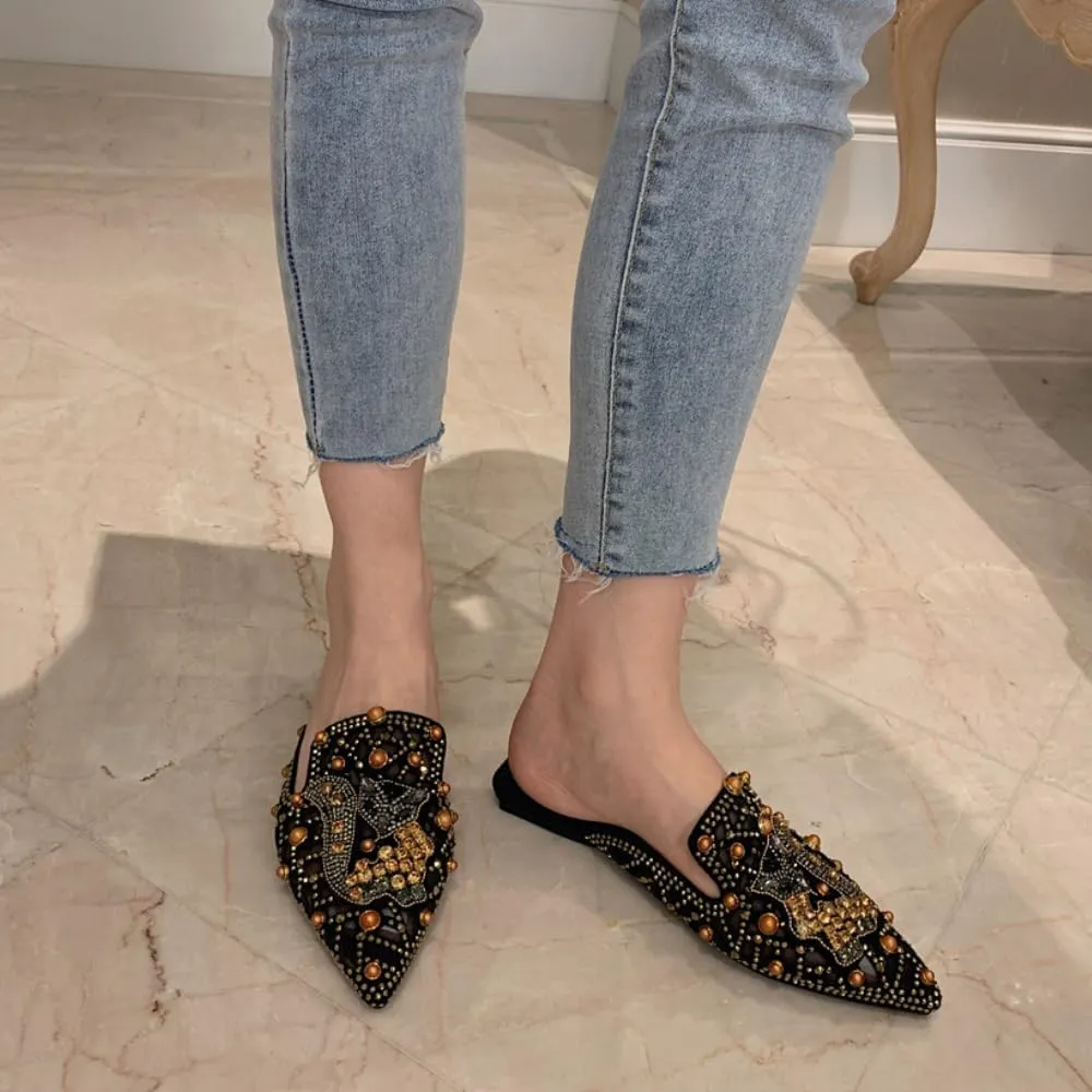 Mules for Woman Pointed Toe Fox Crystal Mules Backless Flat Slip On Comfort Business Casual Shoes