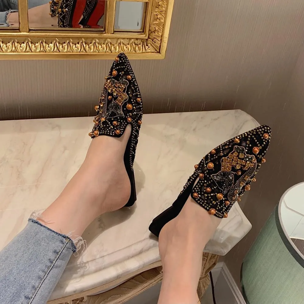 Mules for Woman Pointed Toe Fox Crystal Mules Backless Flat Slip On Comfort Business Casual Shoes