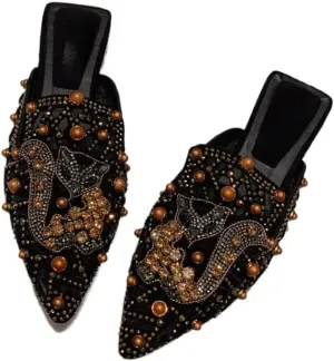 Mules for Woman Pointed Toe Fox Crystal Mules Backless Flat Slip On Comfort Business Casual Shoes