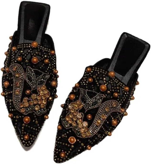 Mules for Woman Pointed Toe Fox Crystal Mules Backless Flat Slip On Comfort Business Casual Shoes