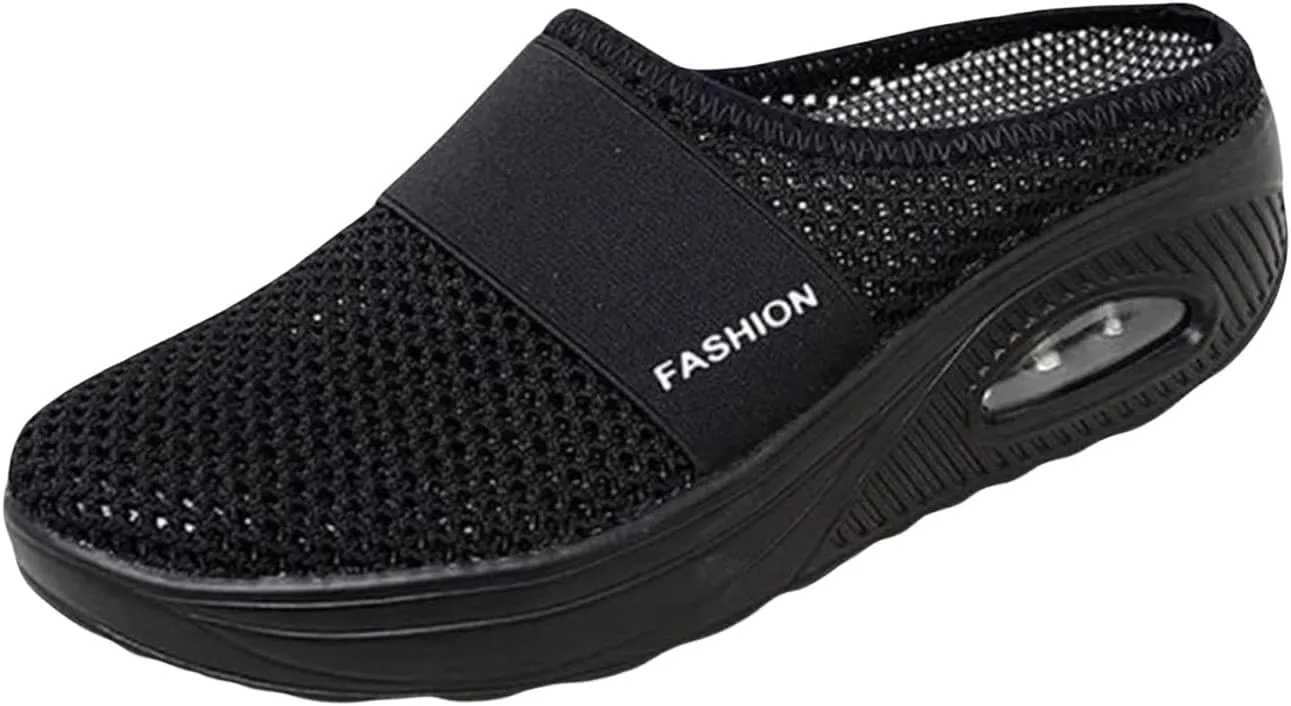 Mules for Women Backless Walking Sneakers Summer Mesh Upper Breathable Slippers Arch Support Orthotic Comfortable Plantar Fasciitis Sandals Platform Wedge Closed Toe Beach Casual Shoes