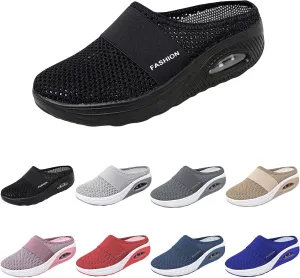 Mules for Women Backless Walking Sneakers Summer Mesh Upper Breathable Slippers Arch Support Orthotic Comfortable Plantar Fasciitis Sandals Platform Wedge Closed Toe Beach Casual Shoes