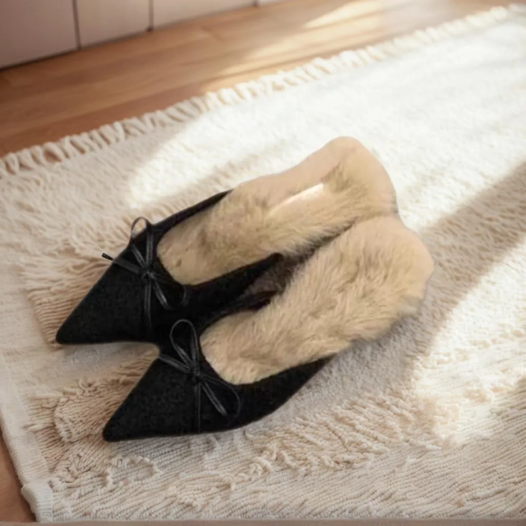 Mules for Women Fluffy Faux Fur Bow Detail Mules Winter Evening Casual Comfort Stiletto Heel Shoes