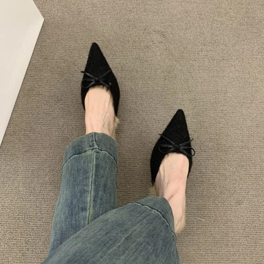 Mules for Women Fluffy Faux Fur Bow Detail Mules Winter Evening Casual Comfort Stiletto Heel Shoes