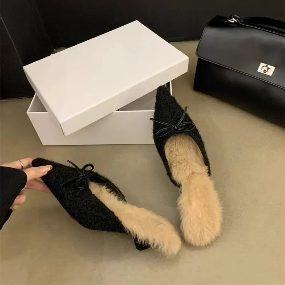 Mules for Women Fluffy Faux Fur Bow Detail Mules Winter Evening Casual Comfort Stiletto Heel Shoes