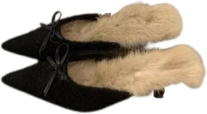 Mules for Women Fluffy Faux Fur Bow Detail Mules Winter Evening Casual Comfort Stiletto Heel Shoes