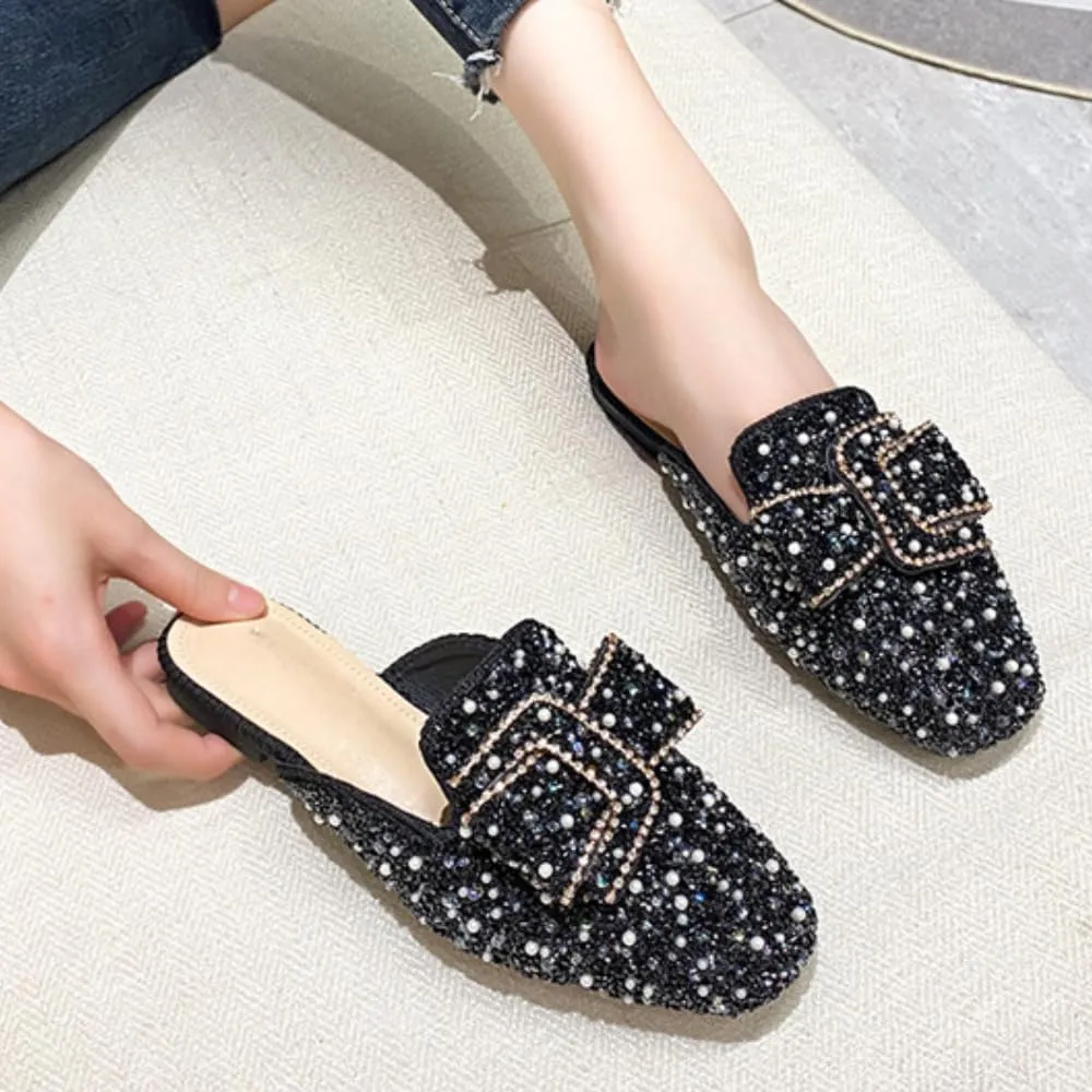 Mules for Women Water Crystal Rhinestone Mules Flashy Round Toe Flats Business Casual Party Office Comfort Shoes