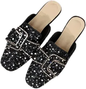 Mules for Women Water Crystal Rhinestone Mules Flashy Round Toe Flats Business Casual Party Office Comfort Shoes
