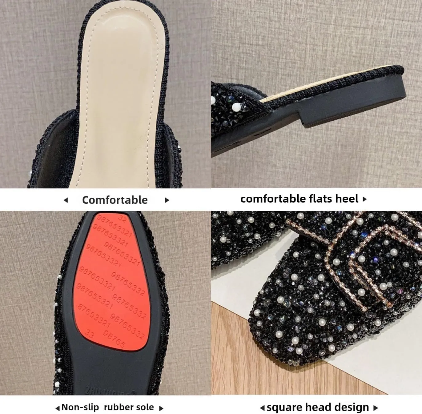 Mules for Women Water Crystal Rhinestone Mules Flashy Round Toe Flats Business Casual Party Office Comfort Shoes