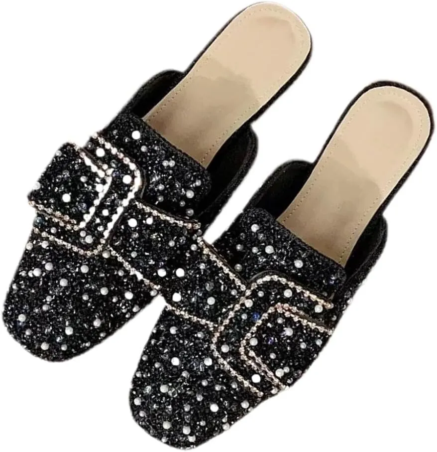 Mules for Women Water Crystal Rhinestone Mules Flashy Round Toe Flats Business Casual Party Office Comfort Shoes