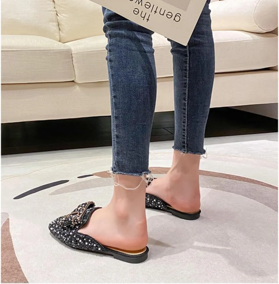 Mules for Women Water Crystal Rhinestone Mules Flashy Round Toe Flats Business Casual Party Office Comfort Shoes