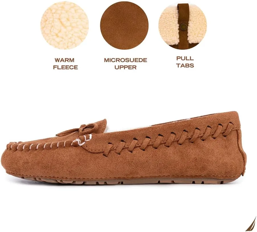Nautica Women House Fur Slippers Slip On Fuzzy Indoor Outdoor Mocassins Slip Resistant Furry Loafers Microsuede Warm Shoes