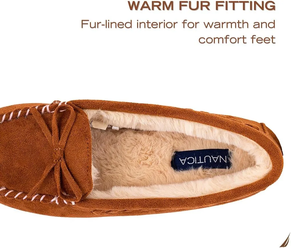 Nautica Women House Fur Slippers Slip On Fuzzy Indoor Outdoor Mocassins Slip Resistant Furry Loafers Microsuede Warm Shoes