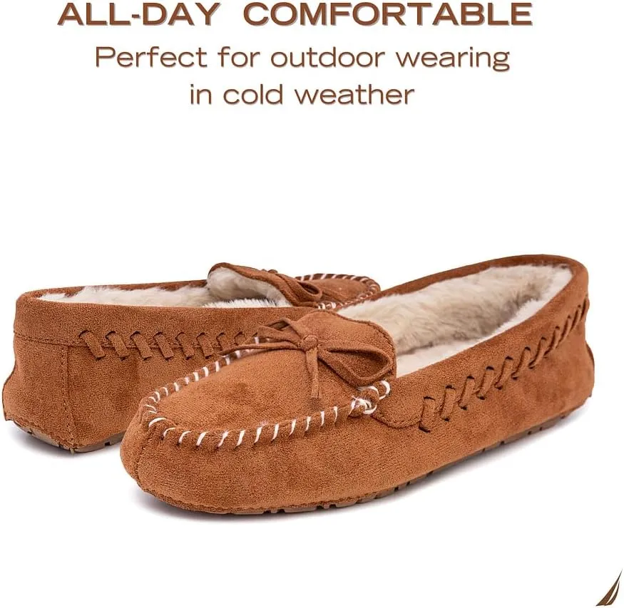 Nautica Women House Fur Slippers Slip On Fuzzy Indoor Outdoor Mocassins Slip Resistant Furry Loafers Microsuede Warm Shoes