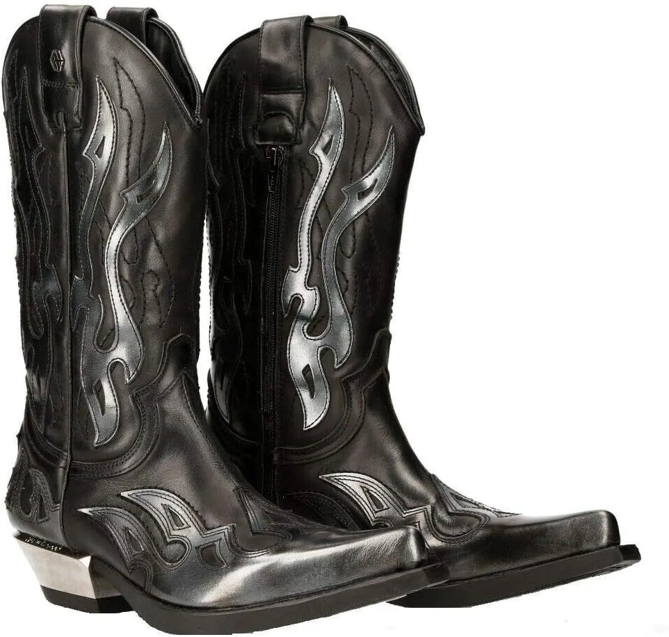 New Rock M-7921-S3 SILVER FLAME BOOTS Black Leather Heavy Biker Western Cowboy