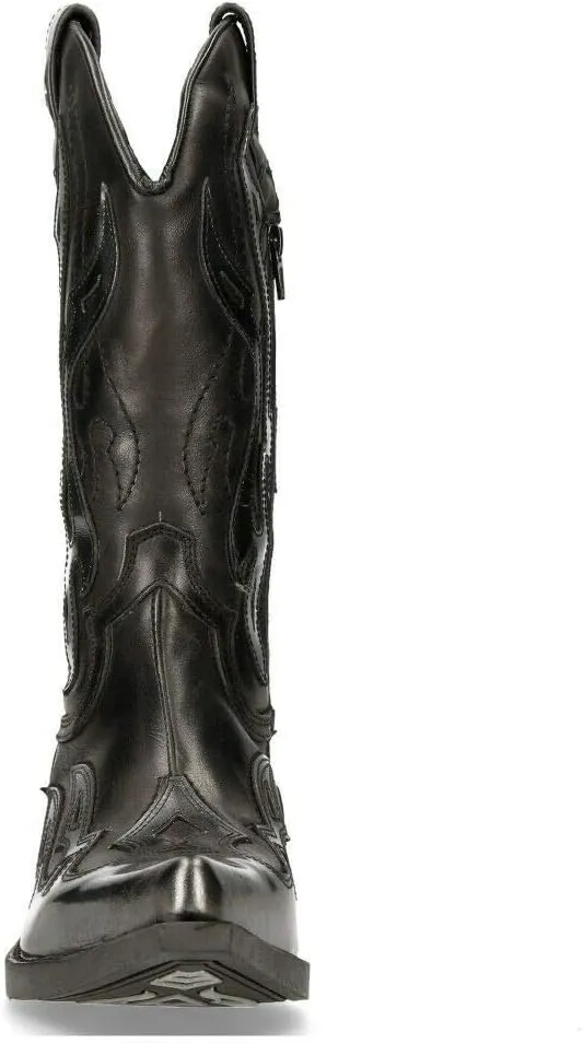 New Rock M-7921-S3 SILVER FLAME BOOTS Black Leather Heavy Biker Western Cowboy