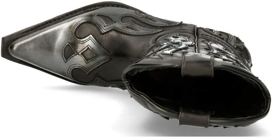 New Rock M-7921-S3 SILVER FLAME BOOTS Black Leather Heavy Biker Western Cowboy