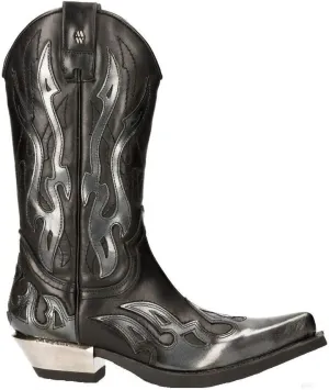 New Rock M-7921-S3 SILVER FLAME BOOTS Black Leather Heavy Biker Western Cowboy