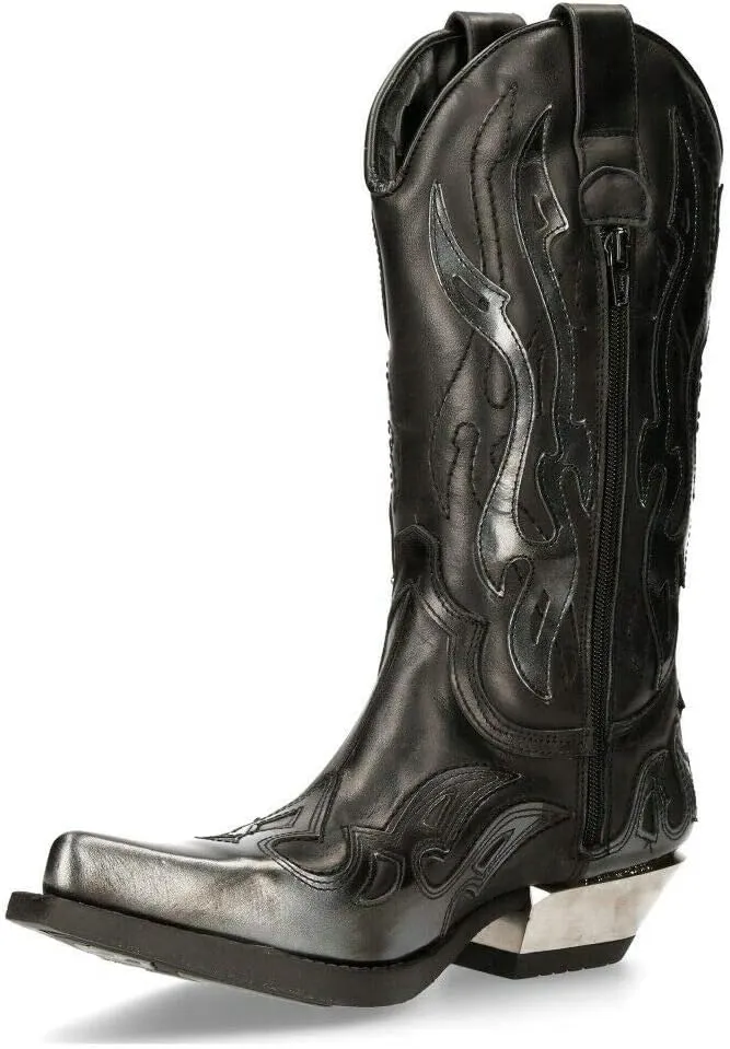New Rock M-7921-S3 SILVER FLAME BOOTS Black Leather Heavy Biker Western Cowboy