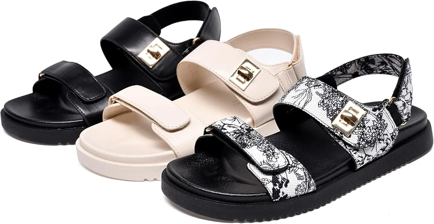 NianEr Womens Soft Foam Footbed Adjustable Velcro Two Strap Flat Sandals Strappy Ankle Strap Trendy Travel Slingback Walking Everday Slip On Casual Comfort Everyday Summer Shoes Slides