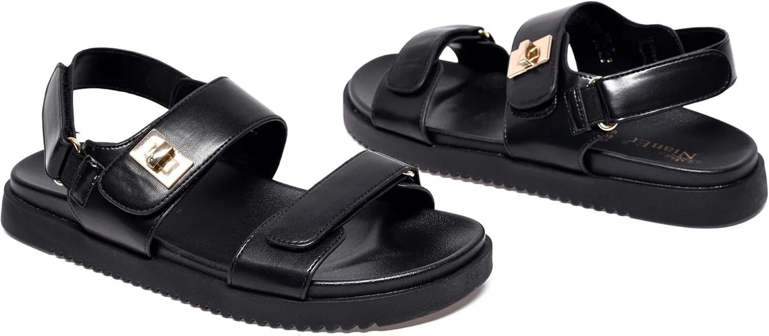 NianEr Womens Soft Foam Footbed Adjustable Velcro Two Strap Flat Sandals Strappy Ankle Strap Trendy Travel Slingback Walking Everday Slip On Casual Comfort Everyday Summer Shoes Slides