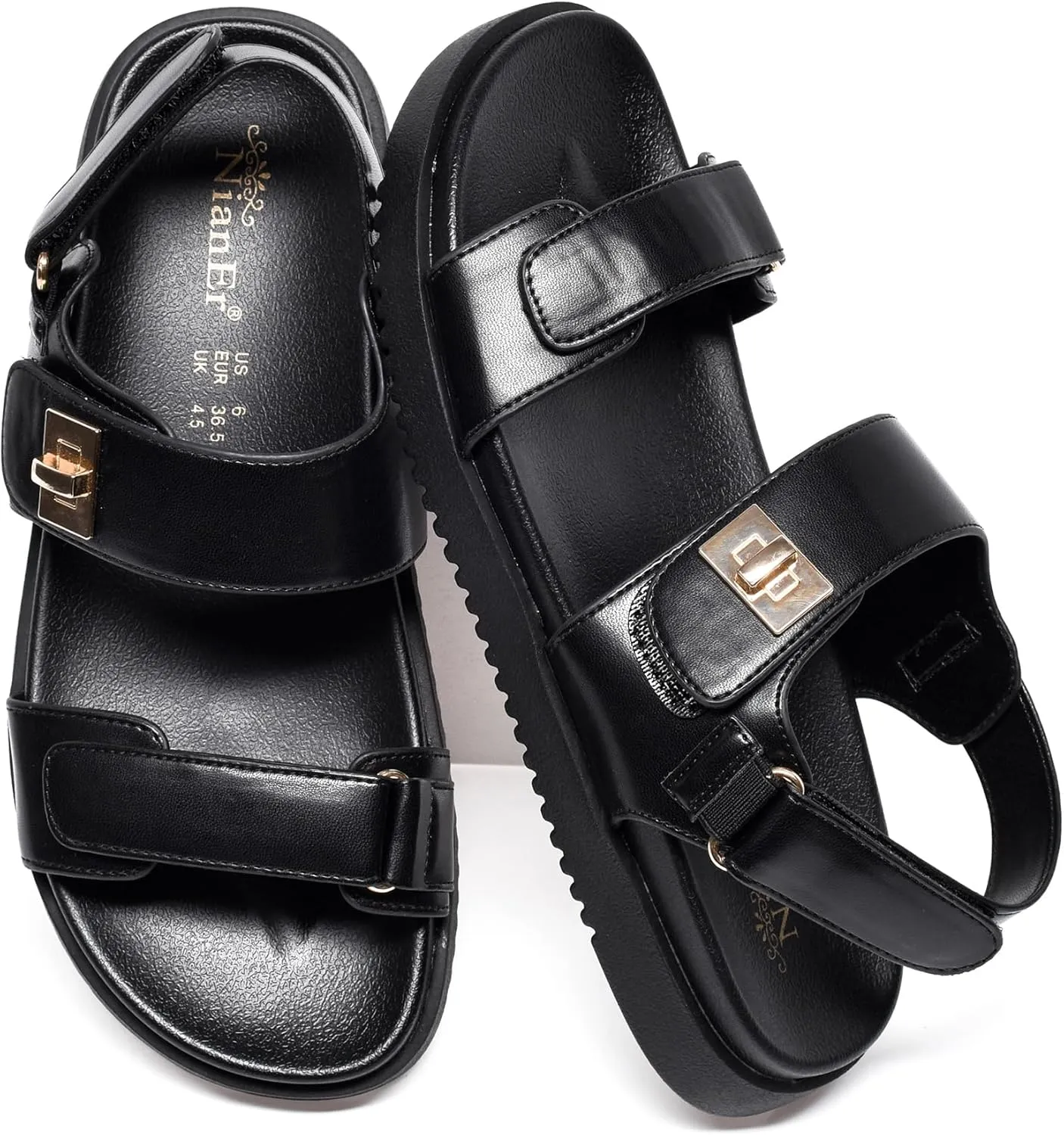 NianEr Womens Soft Foam Footbed Adjustable Velcro Two Strap Flat Sandals Strappy Ankle Strap Trendy Travel Slingback Walking Everday Slip On Casual Comfort Everyday Summer Shoes Slides