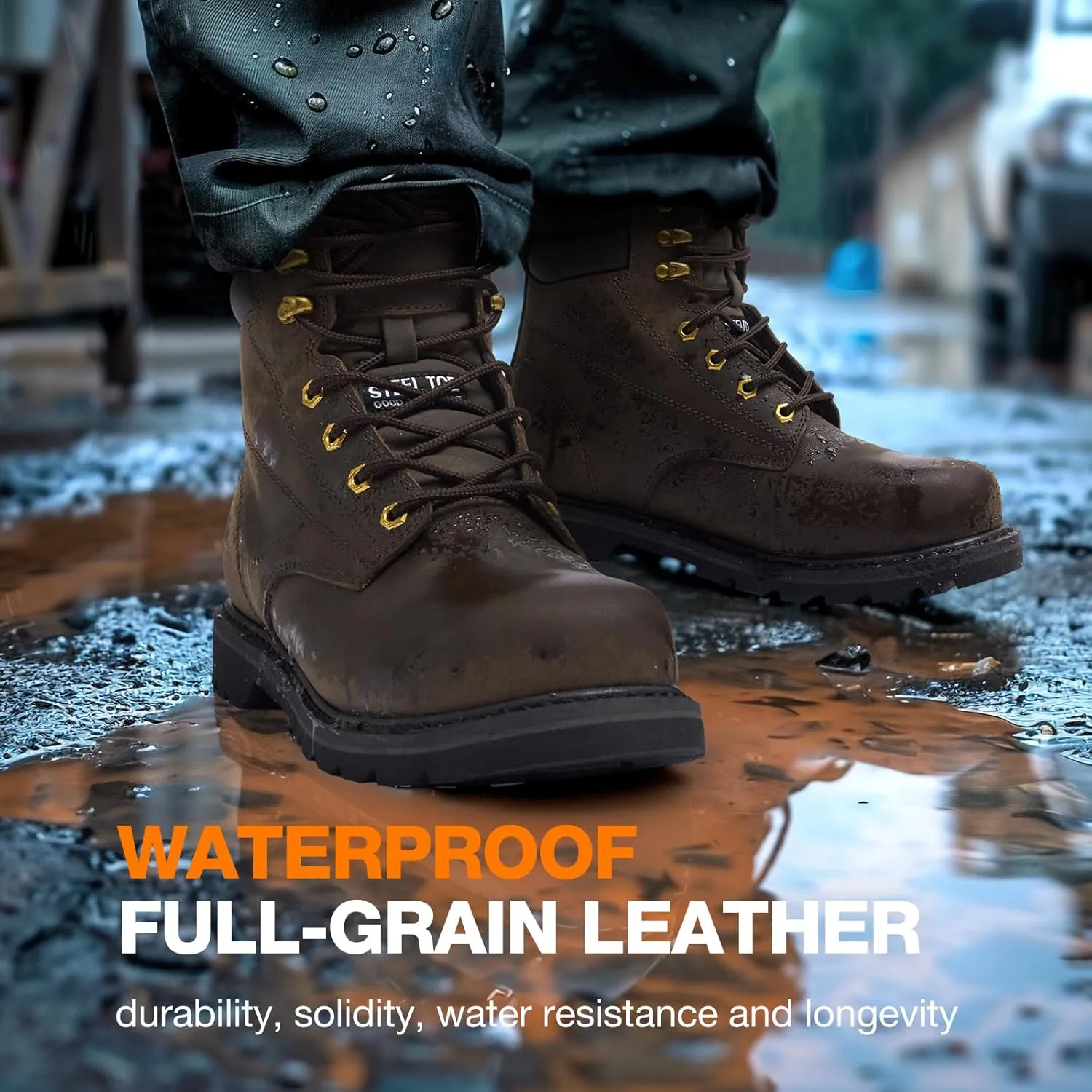 NINGO Steel Toe Work Boots for Men, Waterproof Comfortable Leather Industrial & Construction Boots, Oil & Slip Resistance Safety Shoes with EH Protection, for Outdoor Factories Warehouses Farms