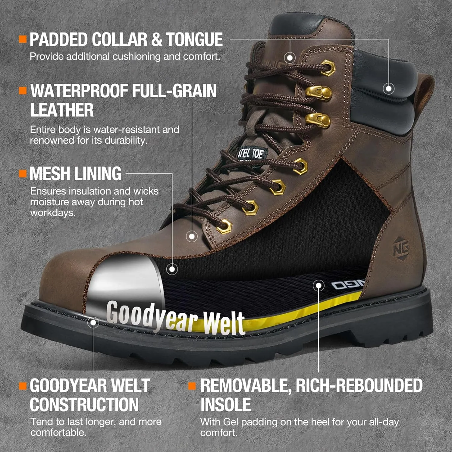 NINGO Steel Toe Work Boots for Men, Waterproof Comfortable Leather Industrial & Construction Boots, Oil & Slip Resistance Safety Shoes with EH Protection, for Outdoor Factories Warehouses Farms