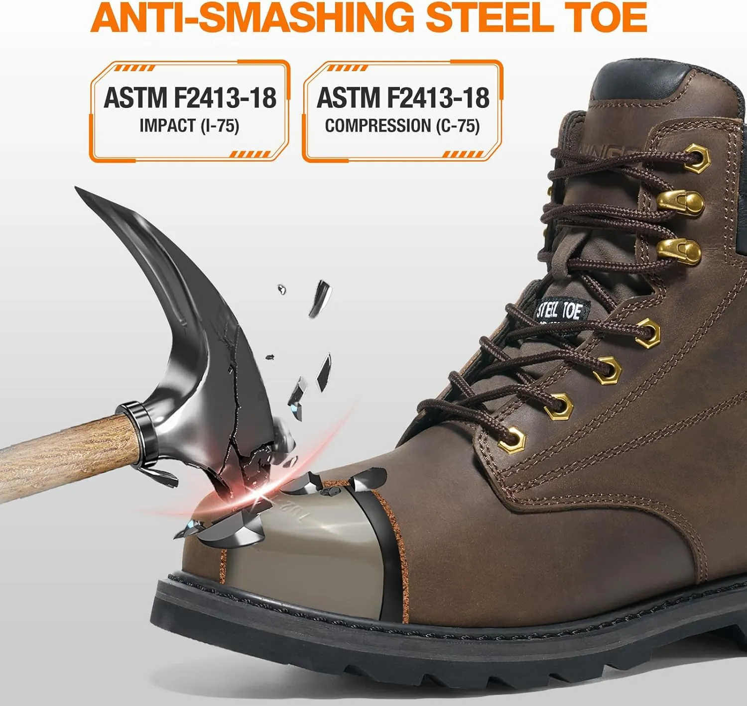 NINGO Steel Toe Work Boots for Men, Waterproof Comfortable Leather Industrial & Construction Boots, Oil & Slip Resistance Safety Shoes with EH Protection, for Outdoor Factories Warehouses Farms