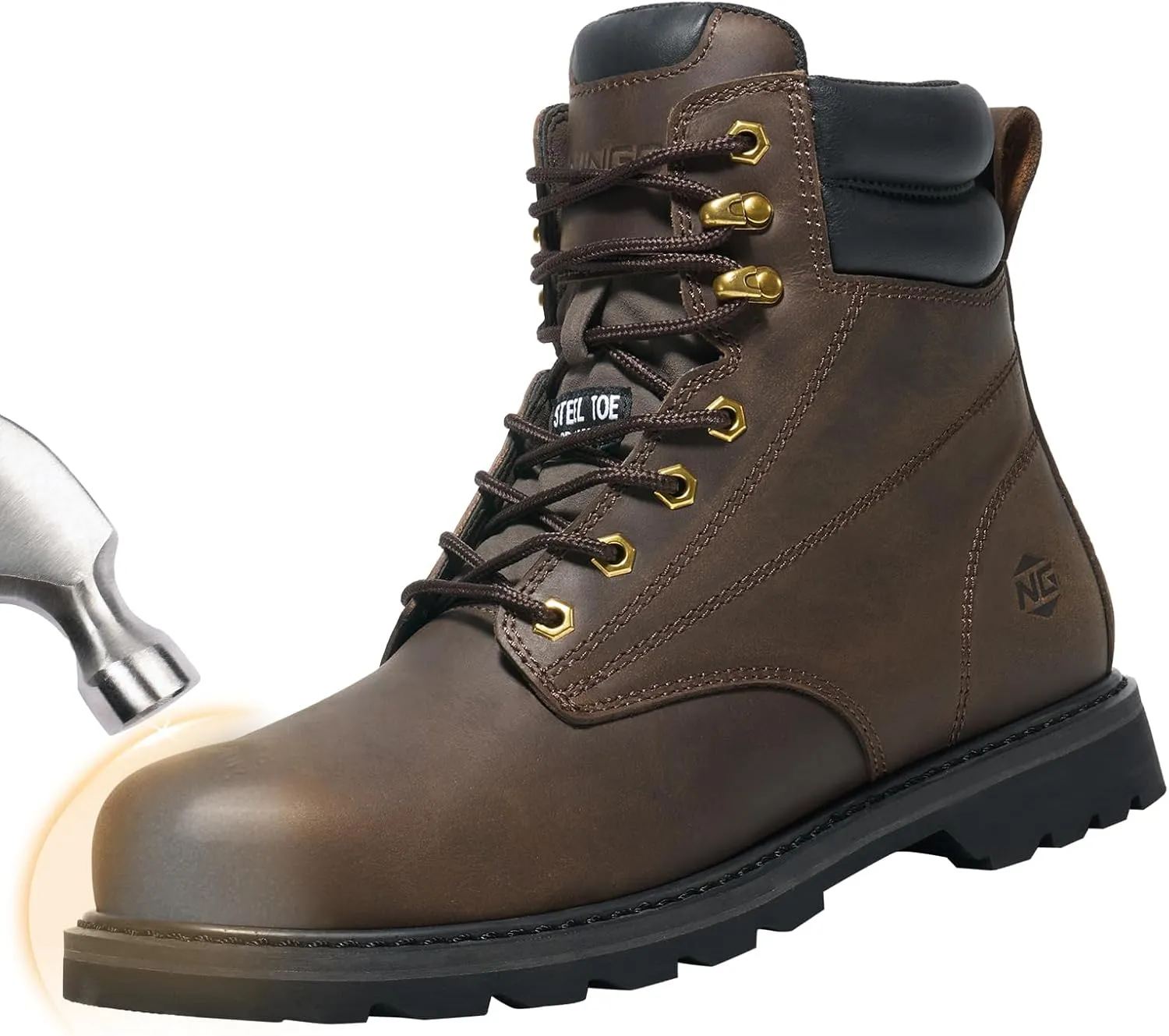 NINGO Steel Toe Work Boots for Men, Waterproof Comfortable Leather Industrial & Construction Boots, Oil & Slip Resistance Safety Shoes with EH Protection, for Outdoor Factories Warehouses Farms
