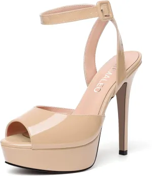 NUMALEO Womens Party Peep Toe Patent Ankle Wrap Buckle Cute Stiletto High Heel Platforms Sandals 5 Inch