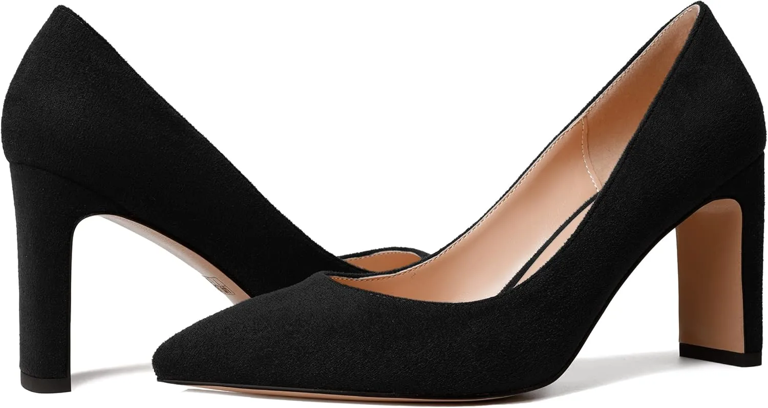 NUMALEO Womens Pointed Toe Suede Evening Casual Slip On Solid Block High Heel Pumps Shoes 3.3 Inch