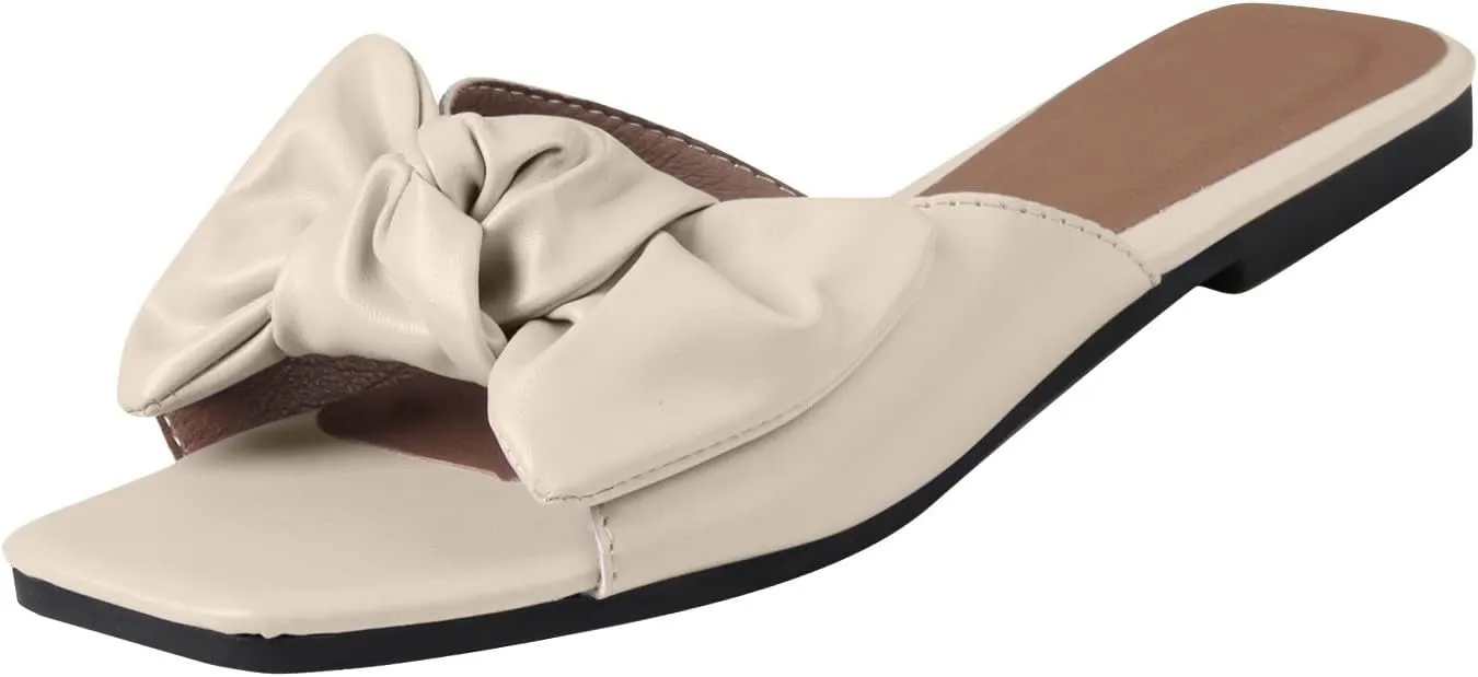 oiangi Bow Sandals for Women Flat Trendy Casual Solid Square Toe Open Toe Slip-on Slippers Summer Cute Comfy Outdoor Beach Shoes Flip Flops Sandalias Niña