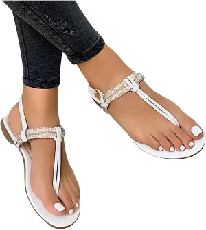 oiangi Rhinestone Flat Sandals for Women Casual Summer T-Strap Buckle Clip Toe Flip Flops Slides Sandals Lightweight Comfy Open Toe Beach Shoes Slipper