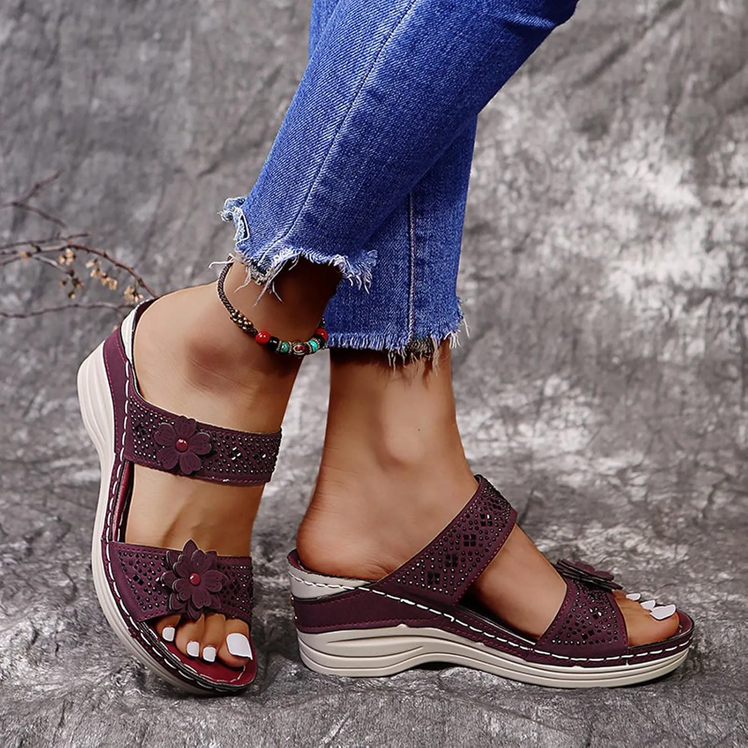 oiangi Rhinestone Sandals for Women Wedge Heel Casual Summer Fish Mouth Open Toe Flower Slip-on Slippers Comfortable Outdoor Ladies Platform Shoes