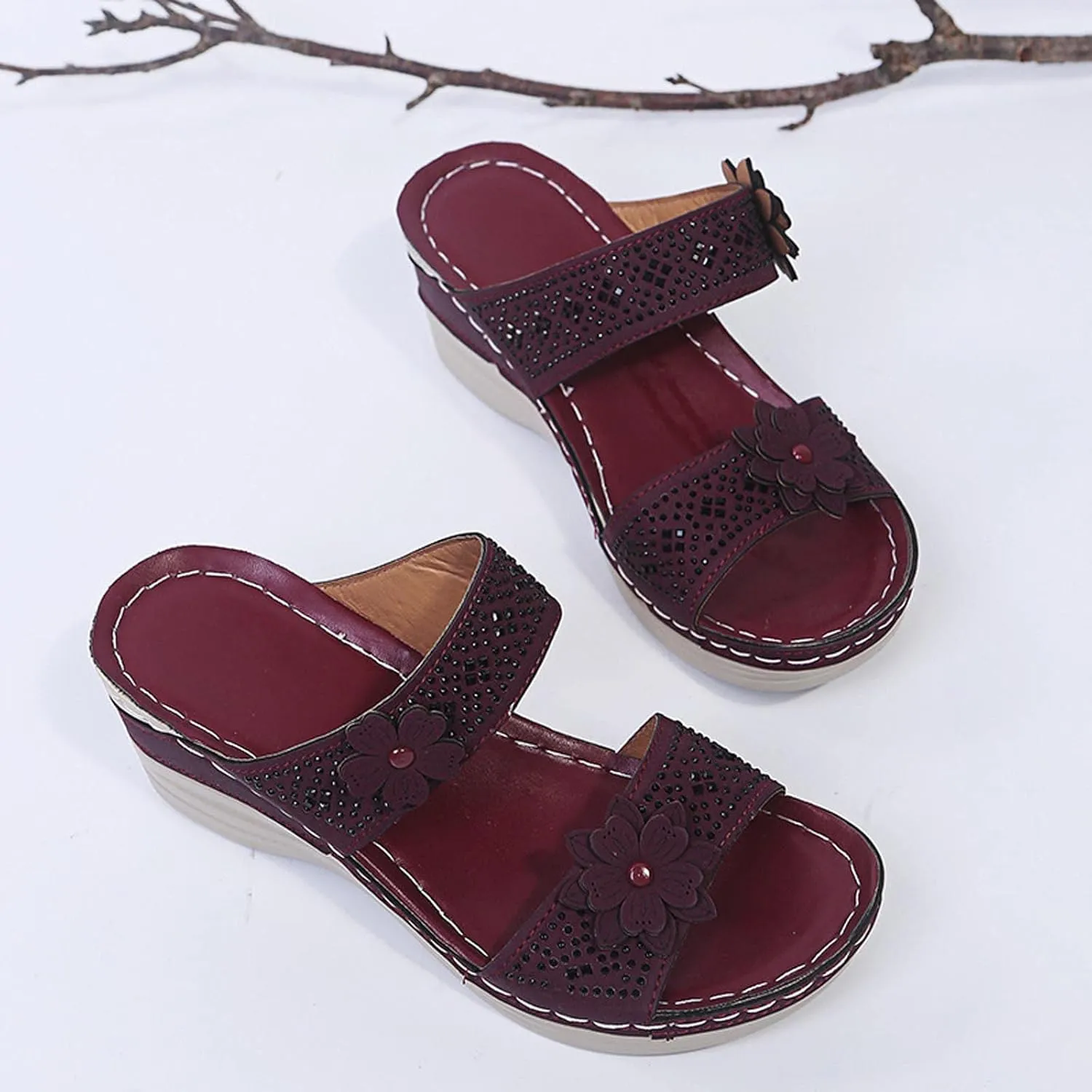 oiangi Rhinestone Sandals for Women Wedge Heel Casual Summer Fish Mouth Open Toe Flower Slip-on Slippers Comfortable Outdoor Ladies Platform Shoes