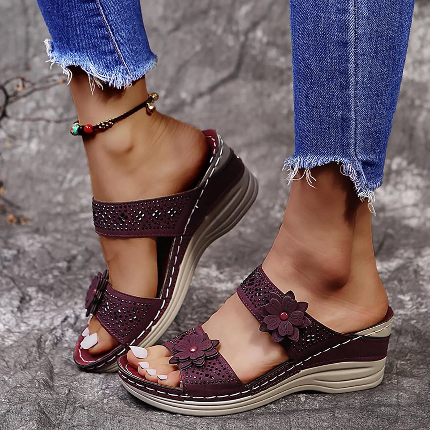 oiangi Rhinestone Sandals for Women Wedge Heel Casual Summer Fish Mouth Open Toe Flower Slip-on Slippers Comfortable Outdoor Ladies Platform Shoes