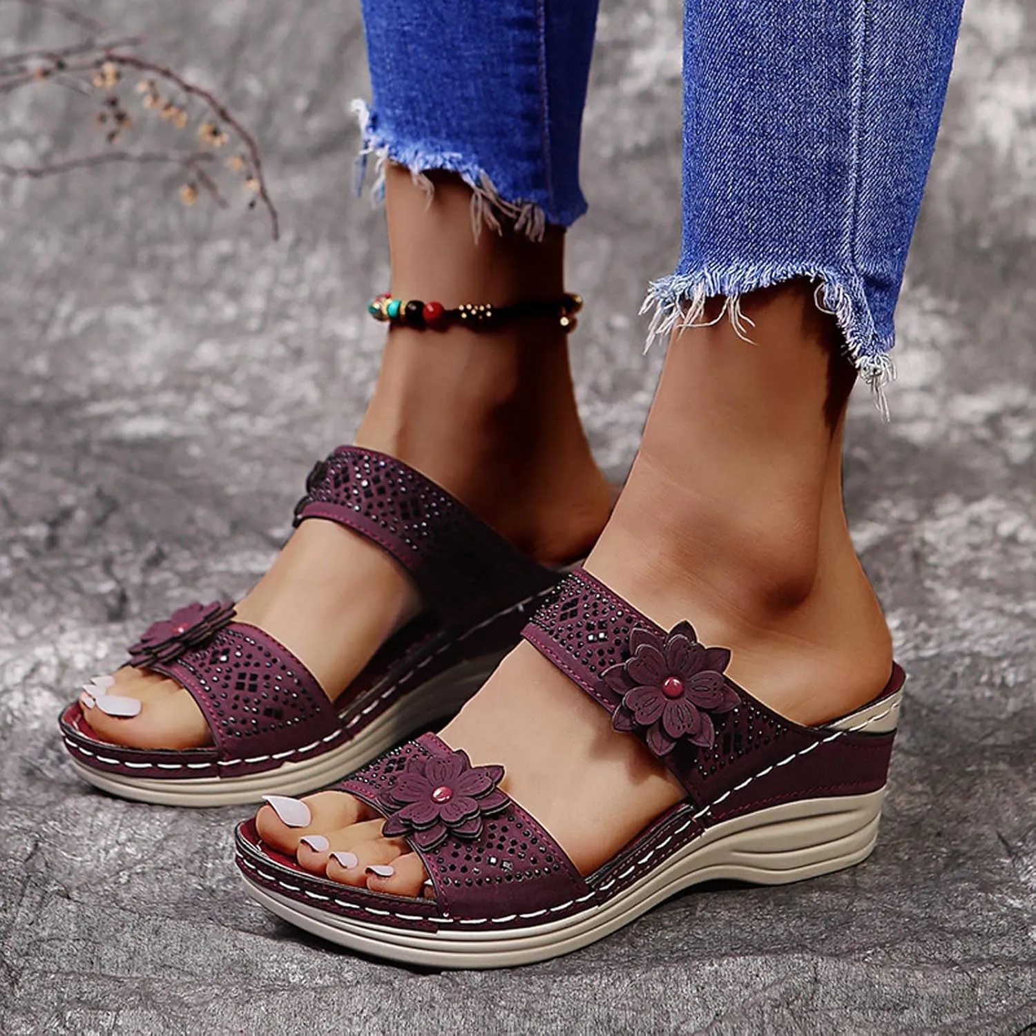oiangi Rhinestone Sandals for Women Wedge Heel Casual Summer Fish Mouth Open Toe Flower Slip-on Slippers Comfortable Outdoor Ladies Platform Shoes